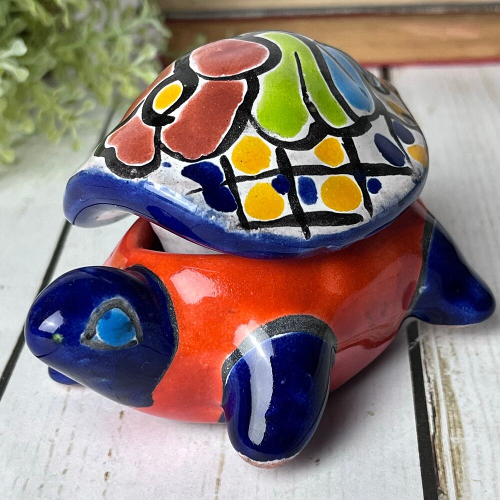 Talavera Mini Turtle Ceramic Trinket Box Folk Art Colorful Floral Mexico 3.75"